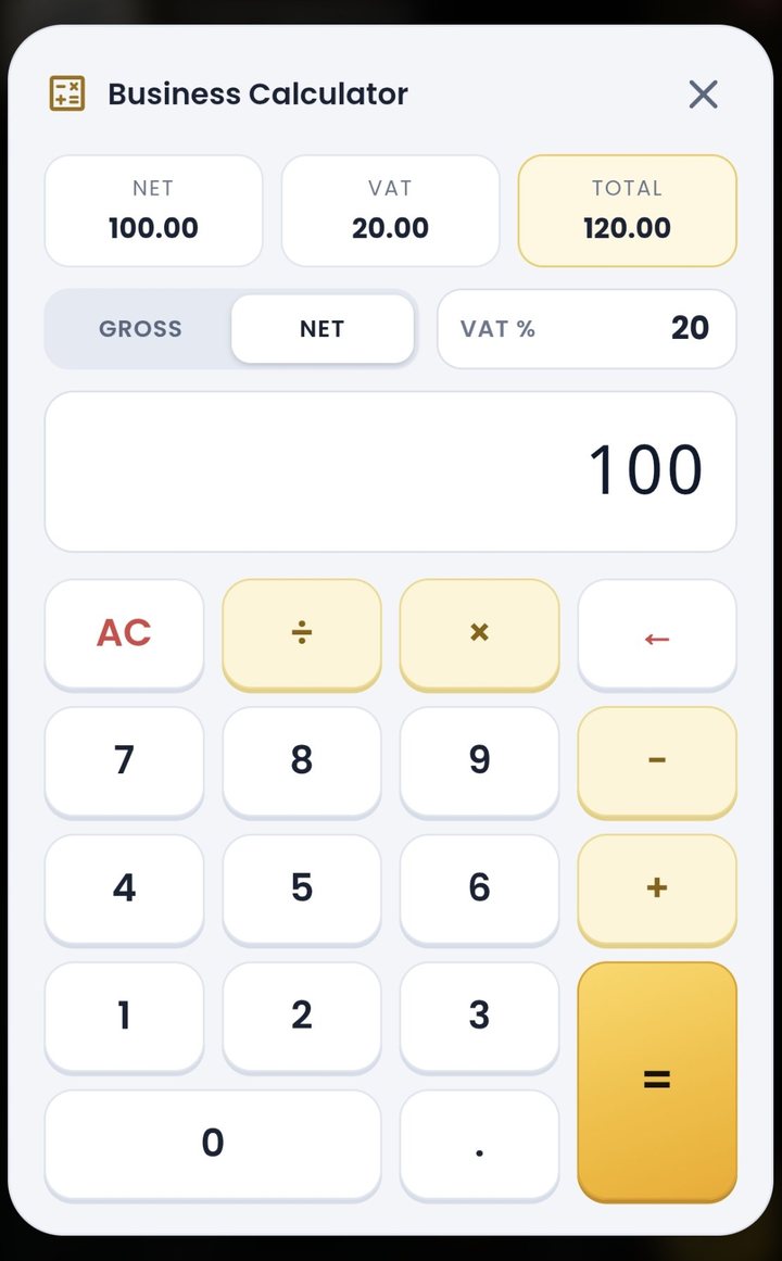 Invoice Luxe business calculator showing net 100, VAT 20 and total 120