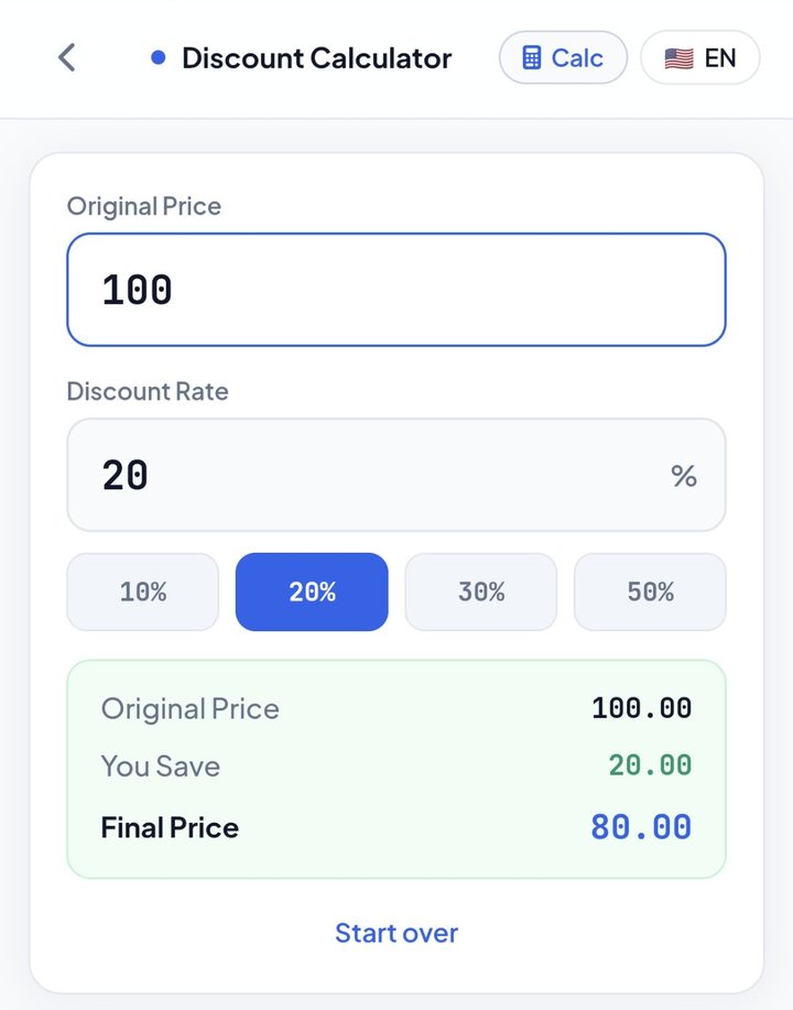 Invoice Luxe discount calculator showing 20% off $100